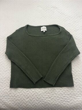 Pink Rose Ribbed Crewneck Sweater in Olive
